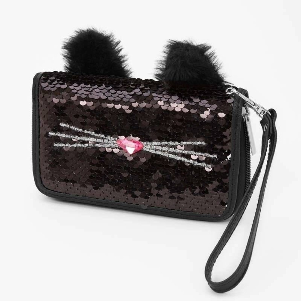 Claire's $17 Black Sequin Kitty Cat Ears Coin‎ Purse Wristlet Kids Girl